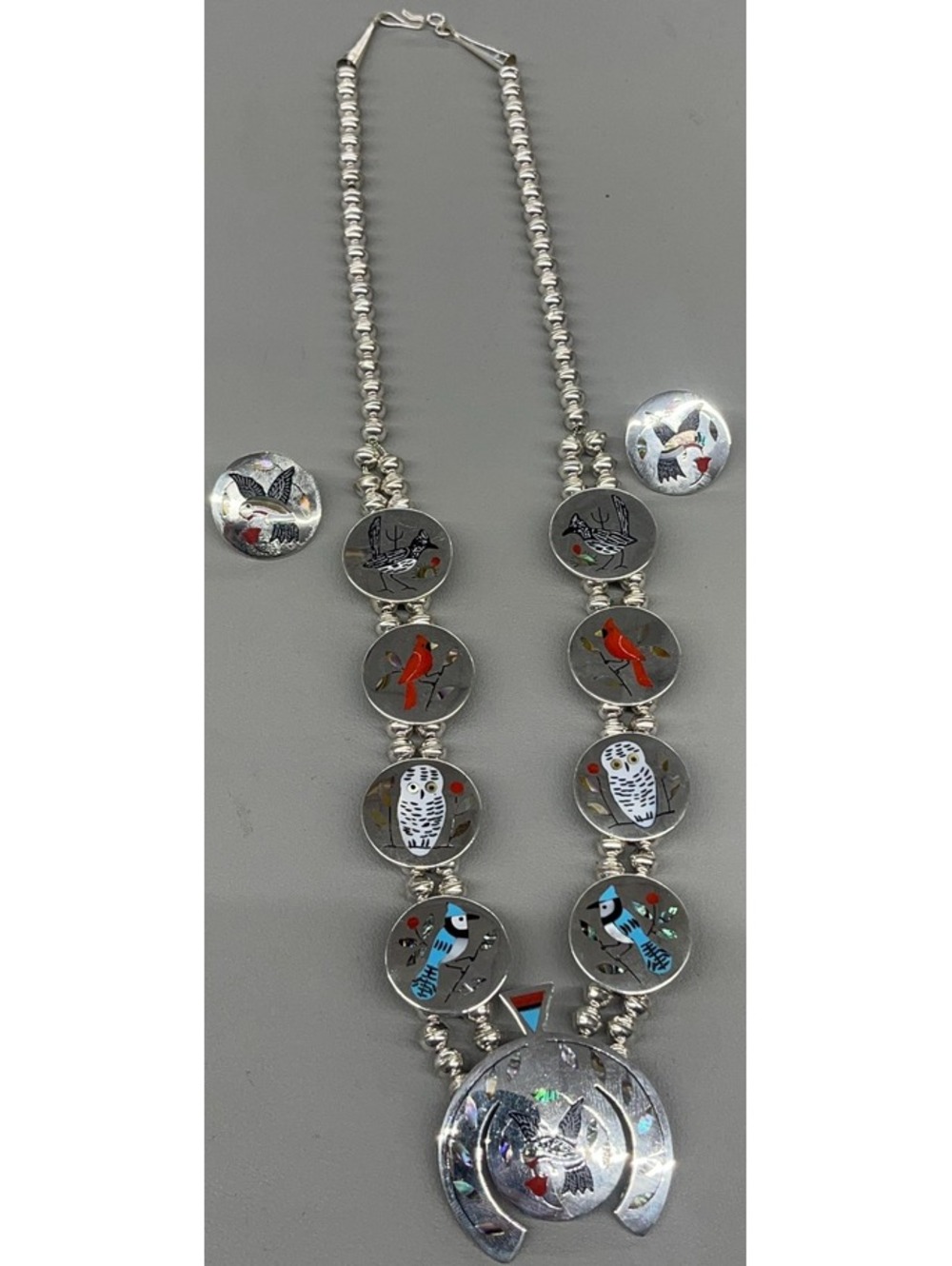 Zuni sterling silver multi stone inlay birds necklace set with earrings owl